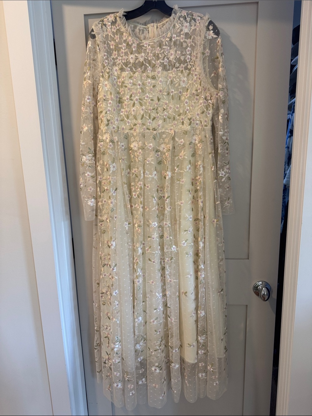 Ivory Floral Embroidered Long Sleeve Maxi Dress